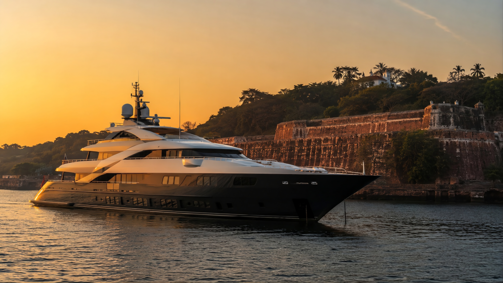 A luxurious superyacht on the Mandovi River with Reis Magos Fort in the background. Source: The Asavilas